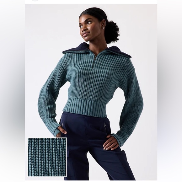 Athleta Sweaters - Athleta Alder Half Zip Ribbed Sweater Green Navy Collar Cropped Women's L NWT
